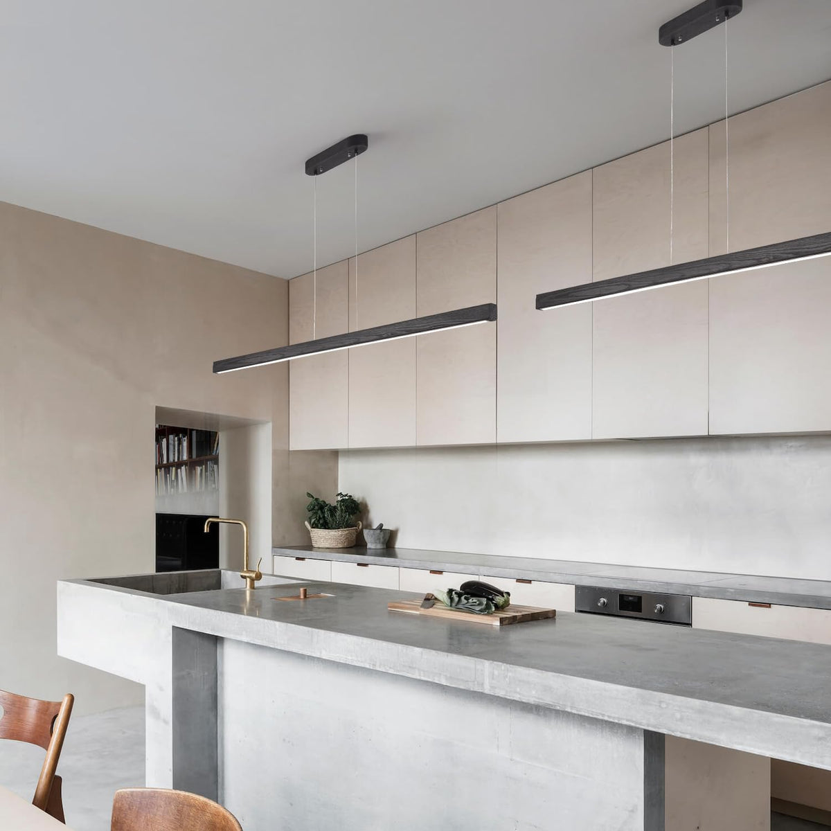Black Wood Linear Pendant Light - Dimmable LED Chandelier with Remote, Modern Minimalist Lighting Islands, Dining