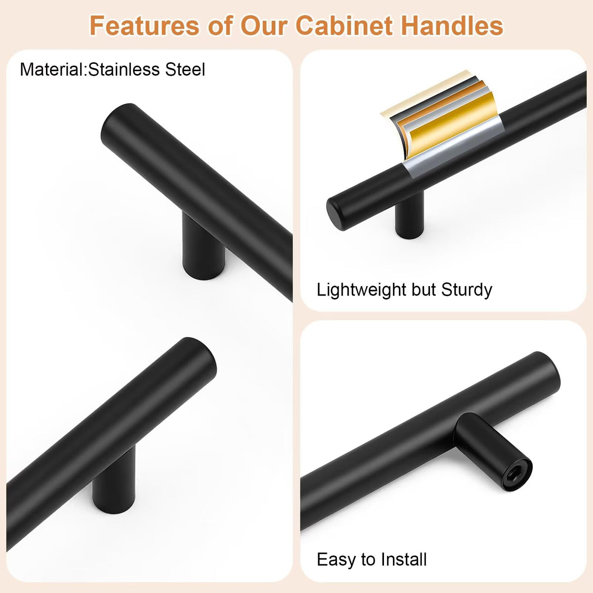 Black Cabinet Handles & Pulls 4" Hole Centers Round 25 Pack