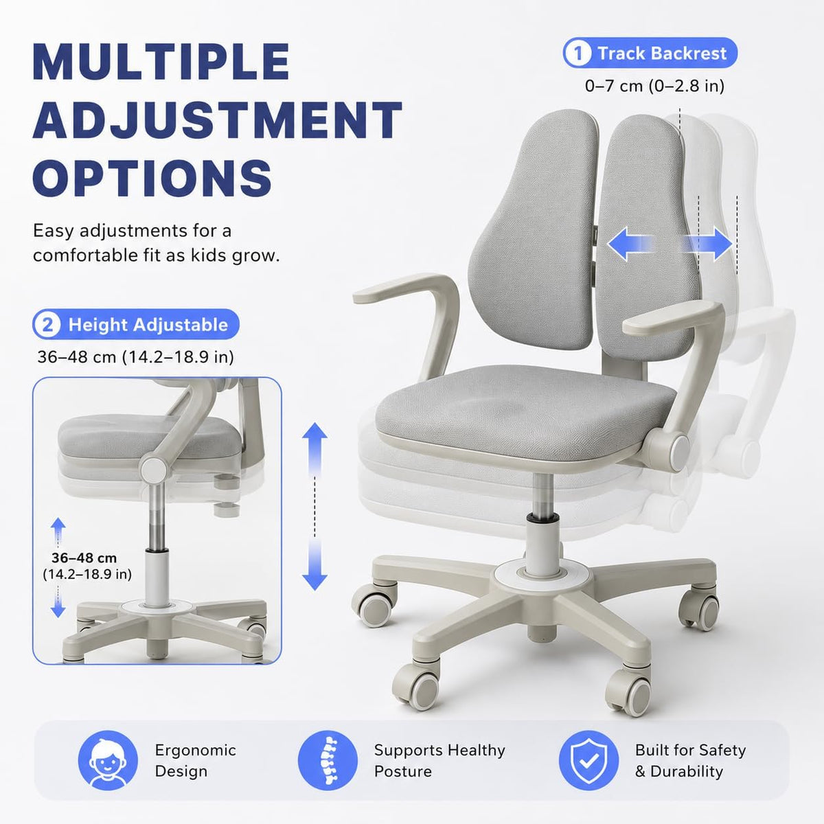 Ergonomic Kids Study Desk Chair with Lumbar Support, Adjustable Height, Adjustable Backrest, Flip-Up Armrests Bedroom