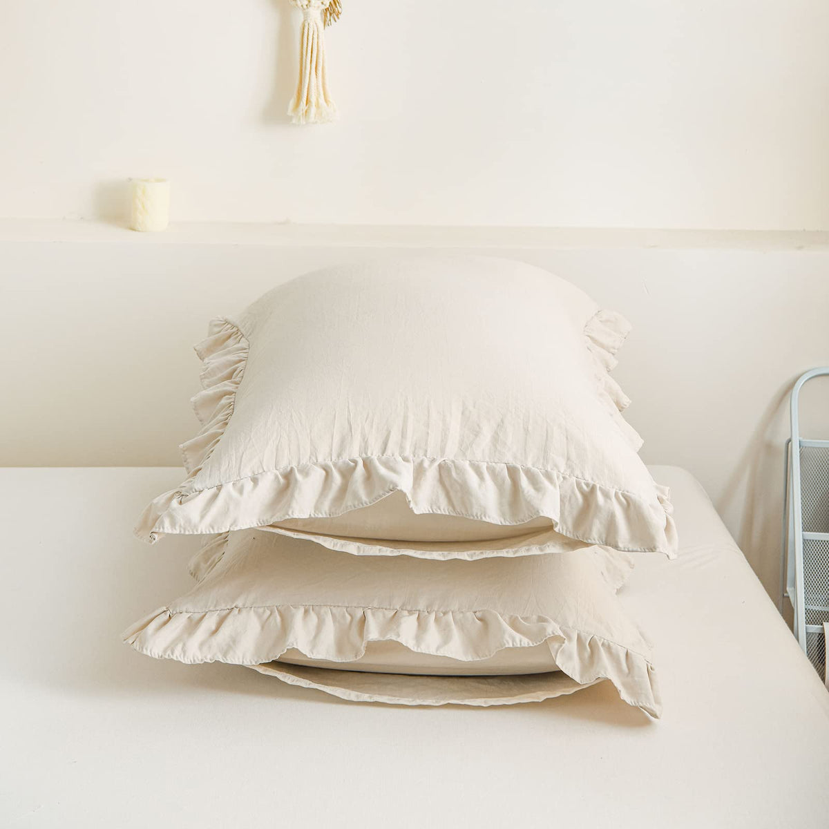 Beige Pillowcases Ruffled Pillow Shams Beige Grey Ruffle Pillowcases Set of 2 Shabby Chic Pillowcases 2 Pack
