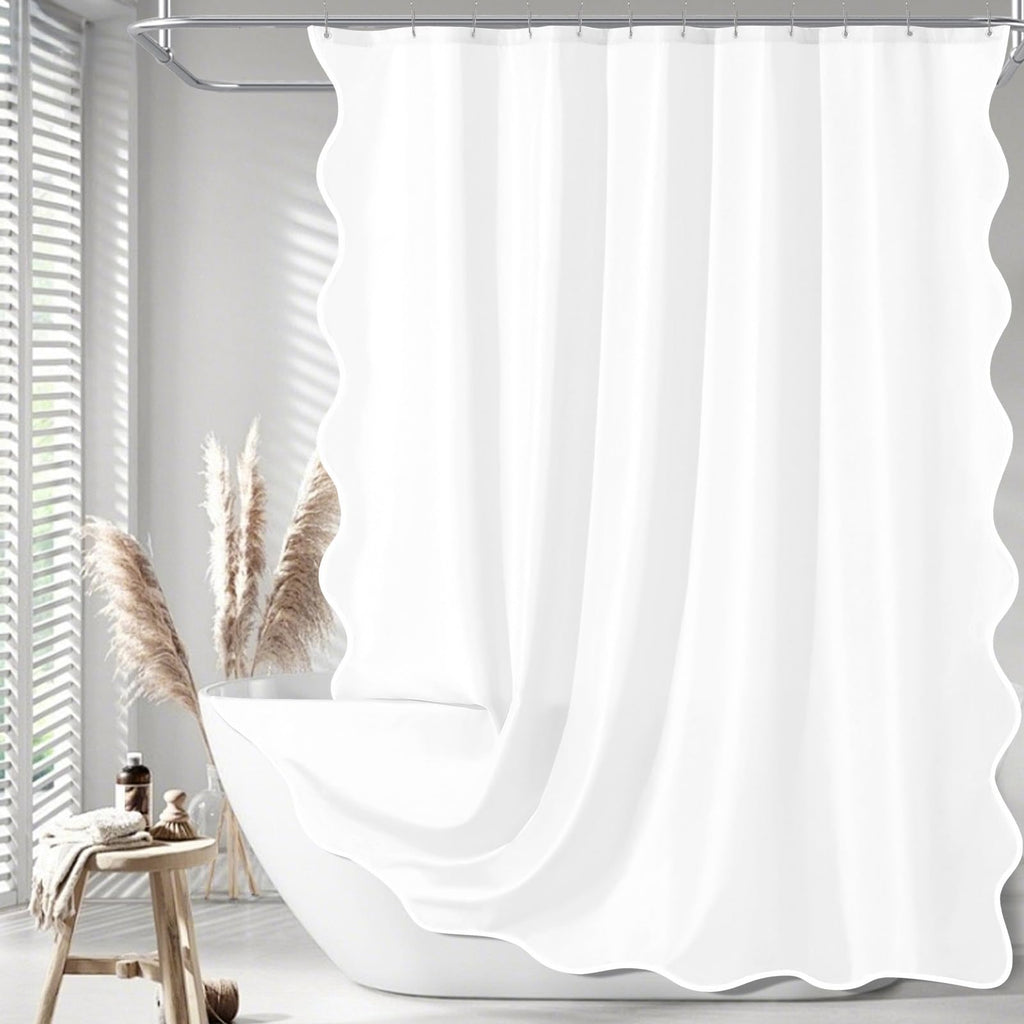 White Scalloped Fabric, Aesthetic Cute Scallop Preppy Ruffle Waterproof Bath Bathroom Decor with Metal Hook 72 W x