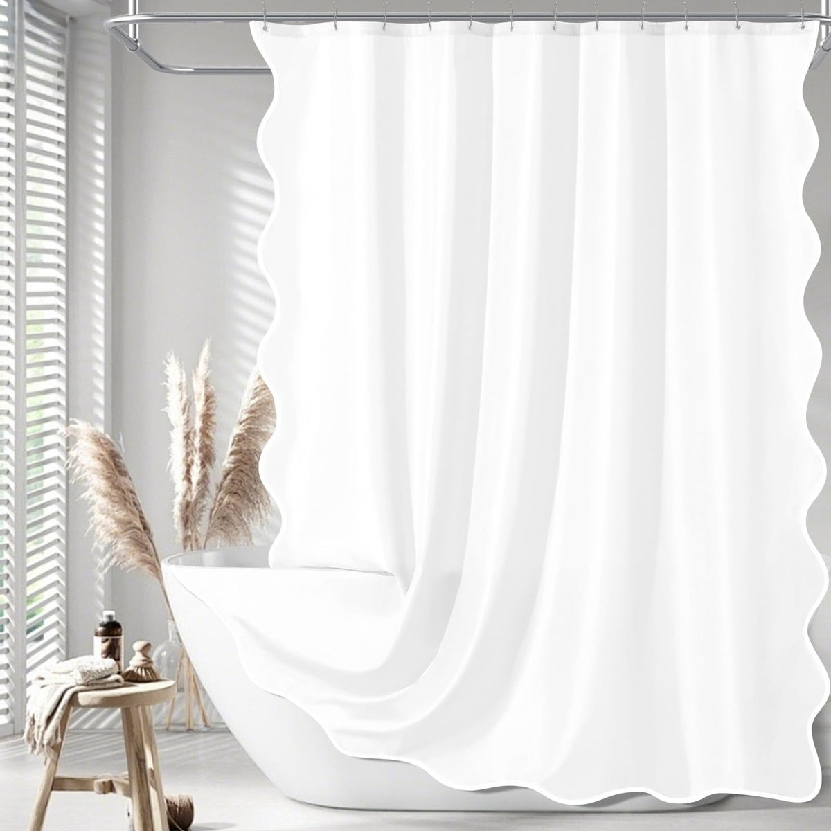 White Scalloped Fabric, Aesthetic Cute Scallop Preppy Ruffle Waterproof Bath Bathroom Decor with Metal Hook 72 W x
