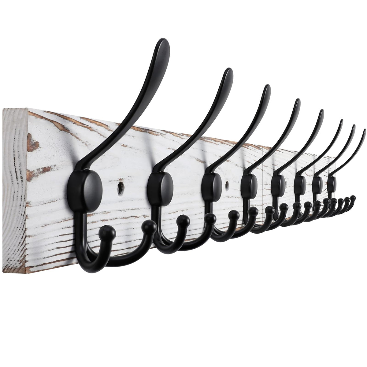 32.2'' Large Coat Rack Wall Mount Coat Hooks with 8 Metal Black Triple-Hooks Old White Pine Real Wood Plank Hat Rack