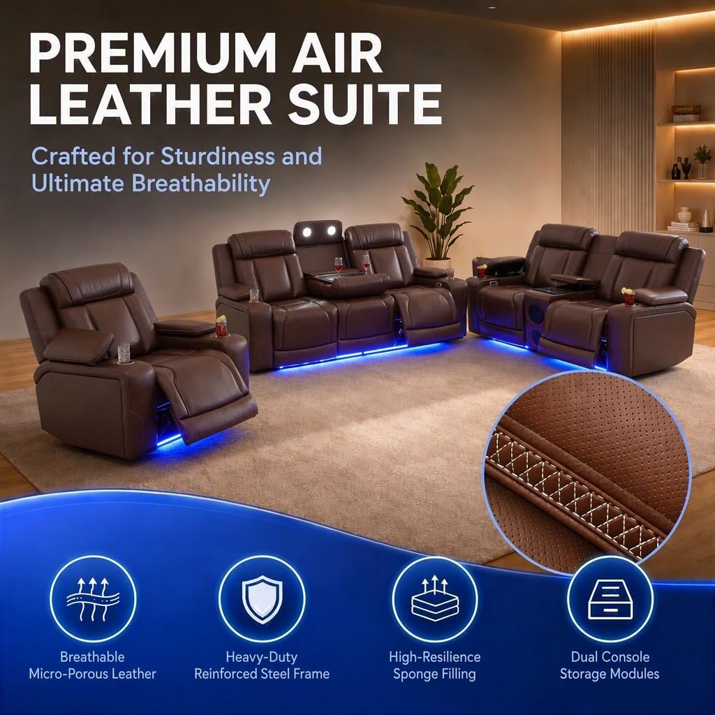 Leather Power Recliner Sofa Set with Bass Speaker/LED(Brown, 3PCS)