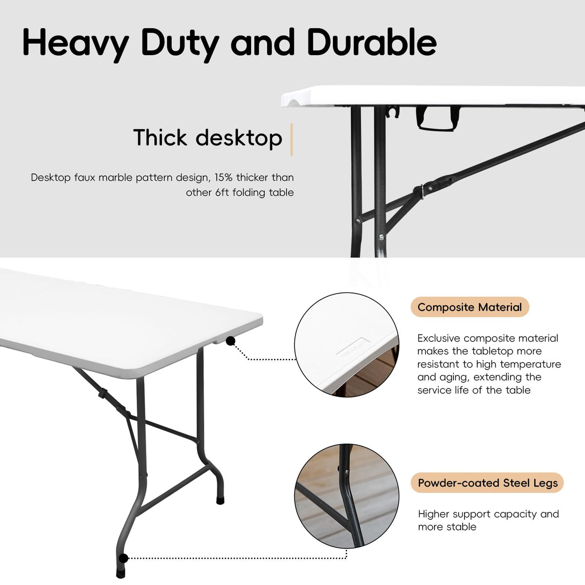 6FT Folding Table Heavy Duty Portable Plastic Foldable Table White