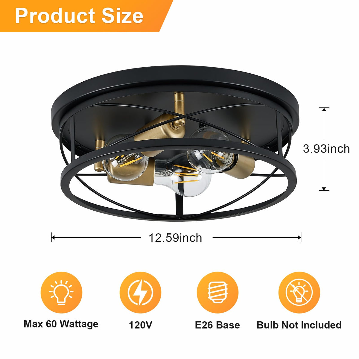 Farmhouse Light Fixtures, 3-Light Round Metal Flush Mount Ceiling Light