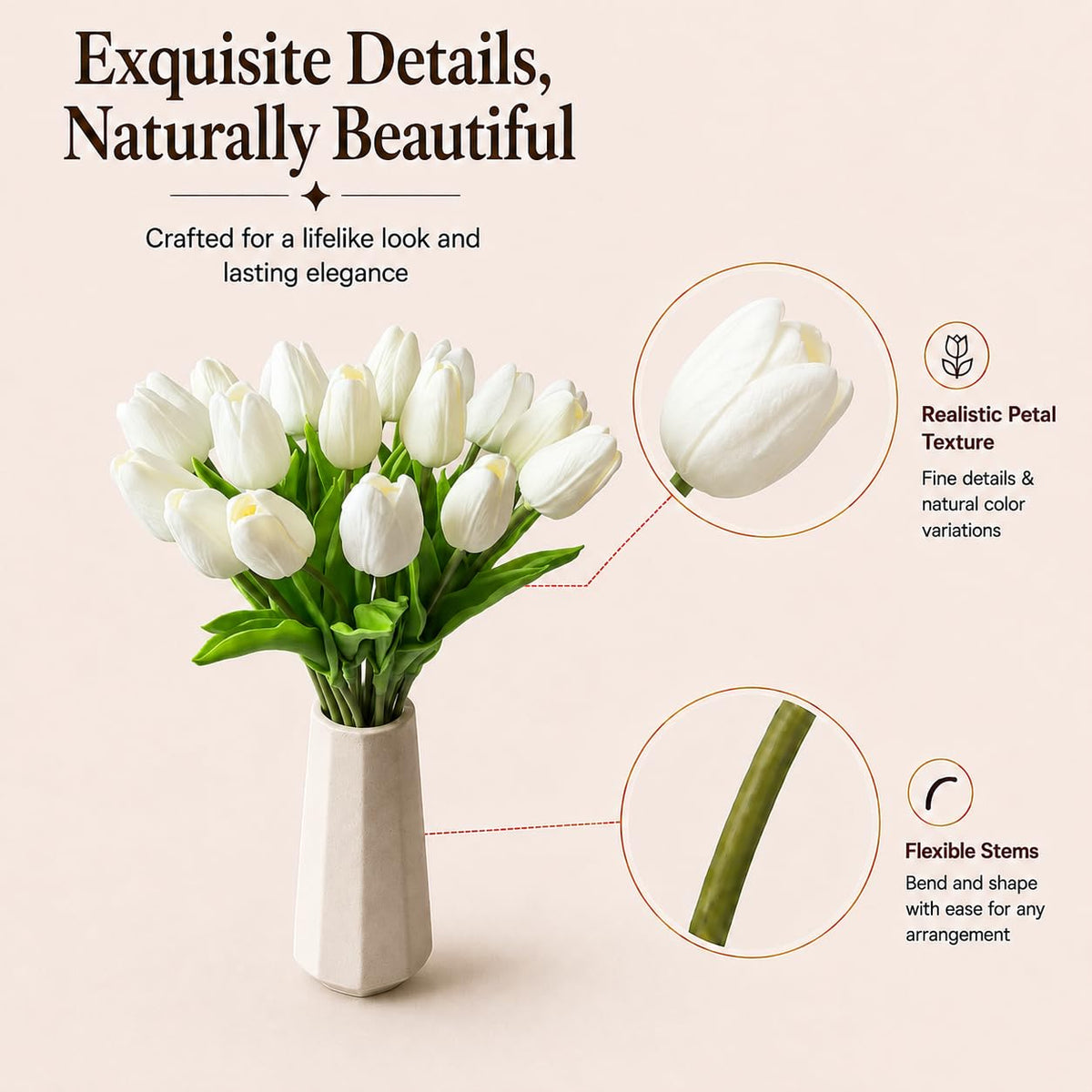 20 Stems Pure White Artificial Tulip Flowers Centerpieces