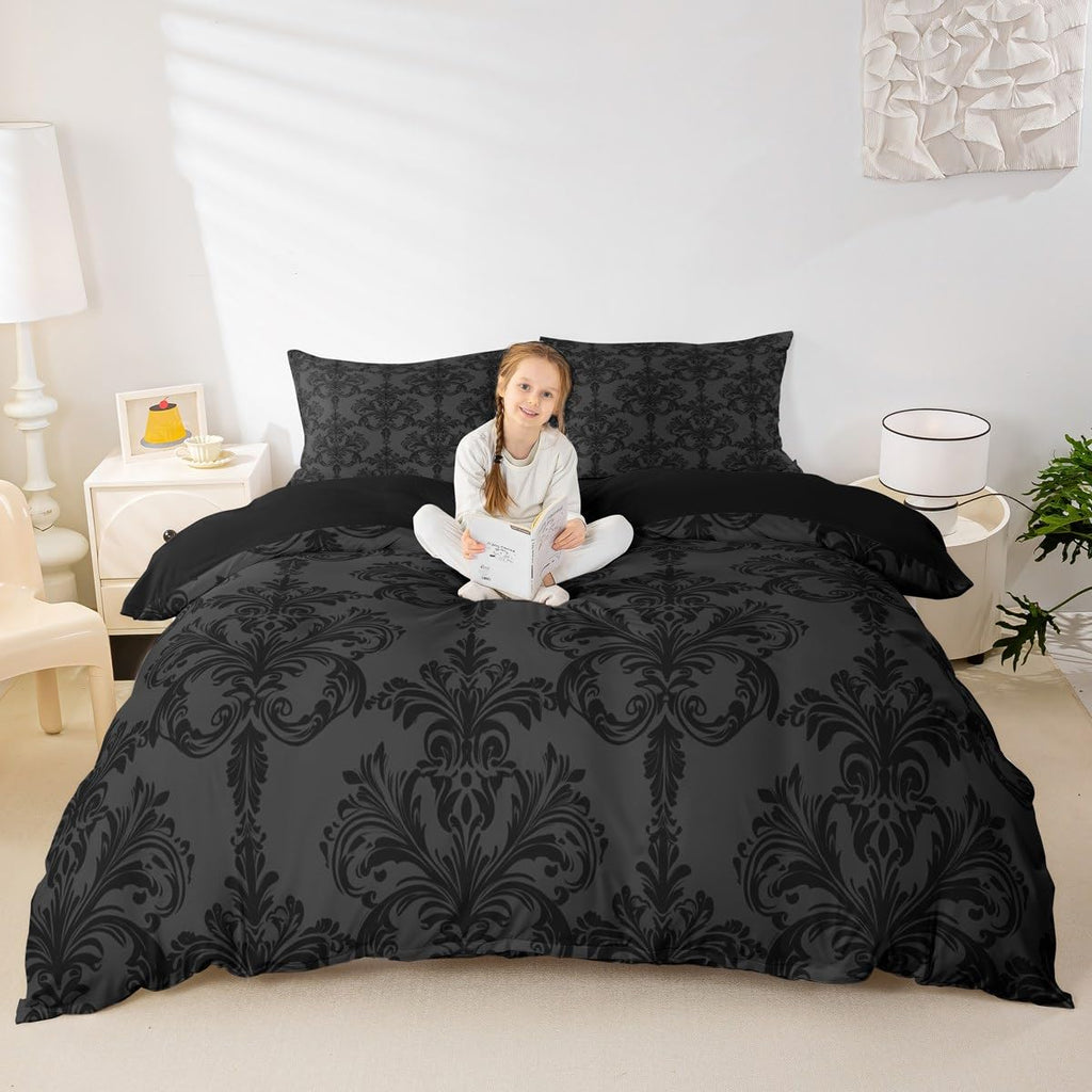 Grey Black Damask Duvet Cover Set, Gothic Vintage Damask Floral Bedding Set 3pcs, Antique Victorian
