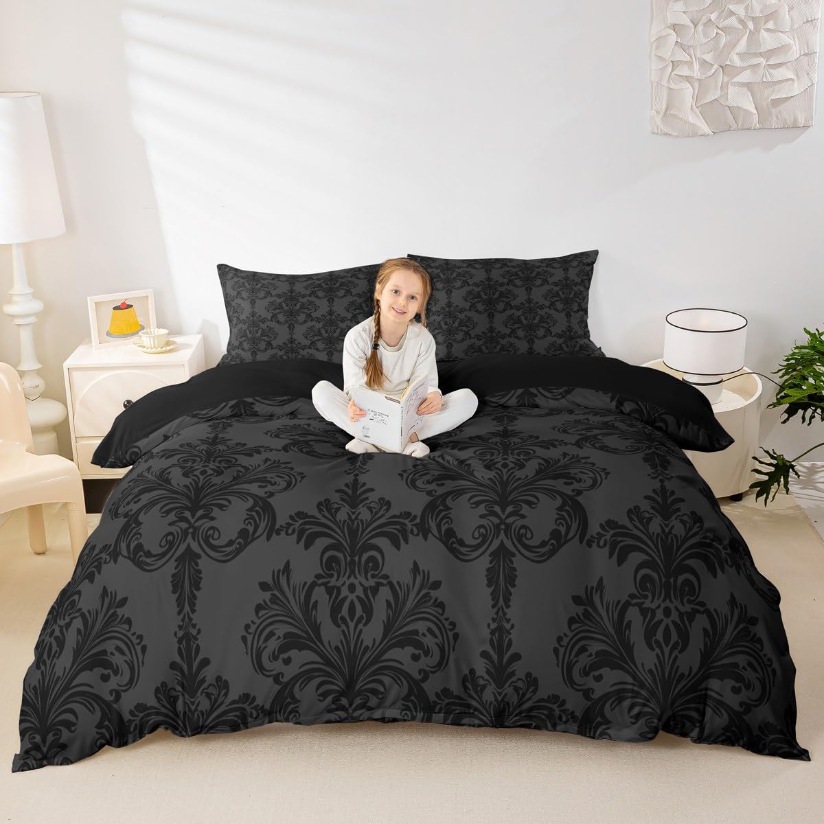 Grey Black Damask Duvet Cover Set, Gothic Vintage Damask Floral Bedding Set 3pcs, Antique Victorian