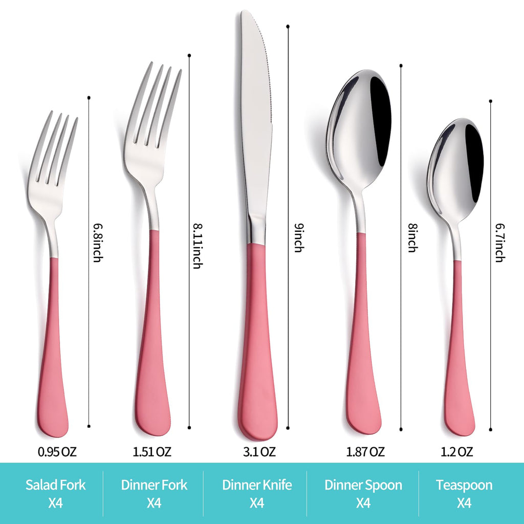 20-Piece Pink Silverware Set for 4, 18/0 Stainless Steel Flatware Cutlery Utensils Set, Include Dinner Knives,Dinner