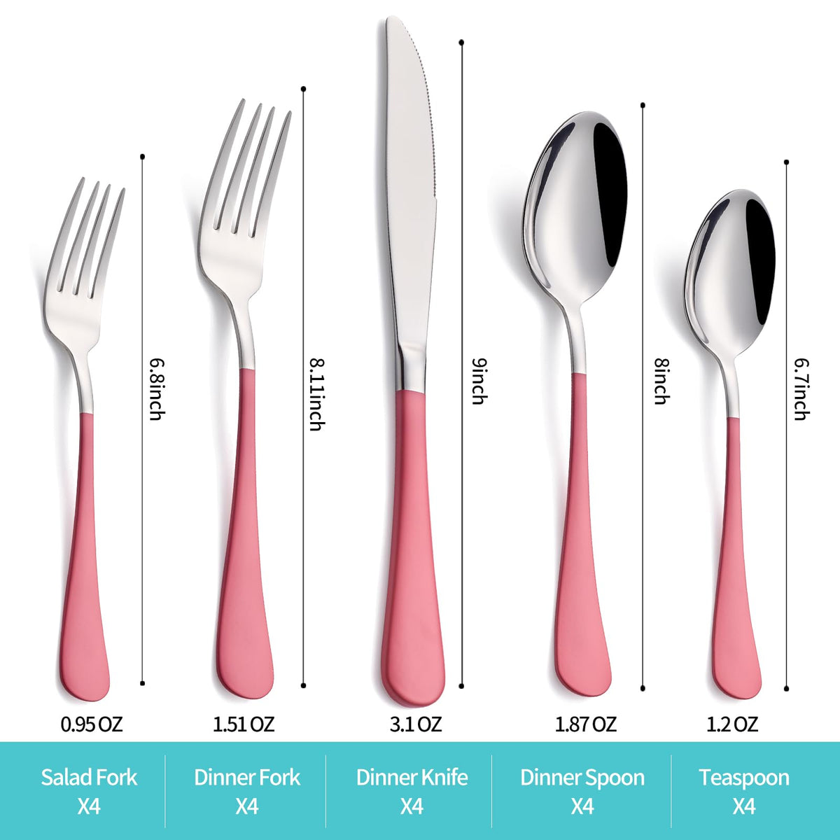 20-Piece Pink Silverware Set for 4, 18/0 Stainless Steel Flatware Cutlery Utensils Set, Include Dinner Knives,Dinner