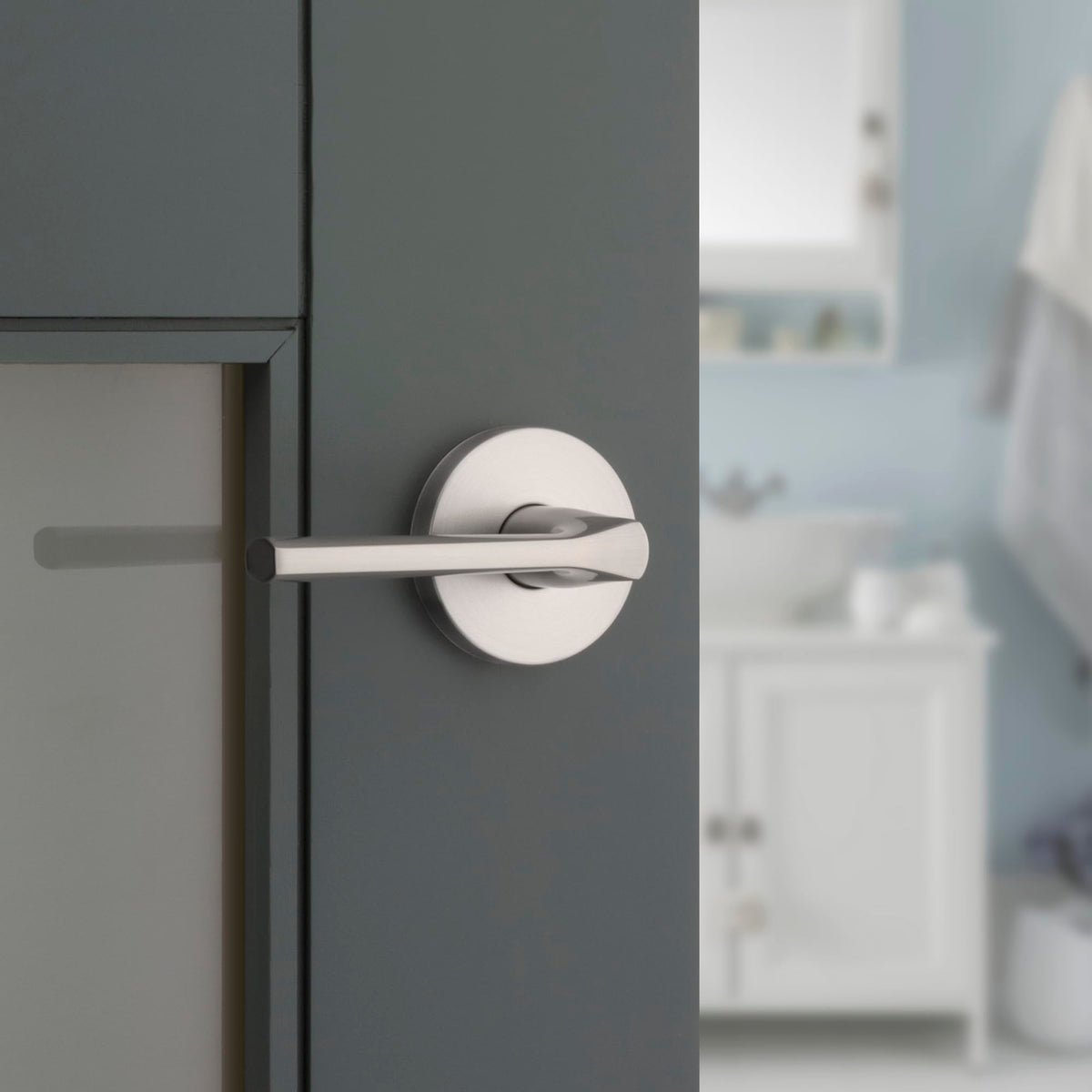 Lisbon Interior Privacy Door Handle with Lock, Round Lever , Satin Nickel Reversible Keyless Push Button Lock Door