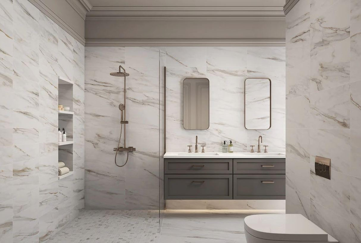 TRCD-CLG-Gloss Siena White Greyish Oro Gold Brownish 12x24 Calacatta Marble Look Porcelain Gloss Shiny Floor Wall