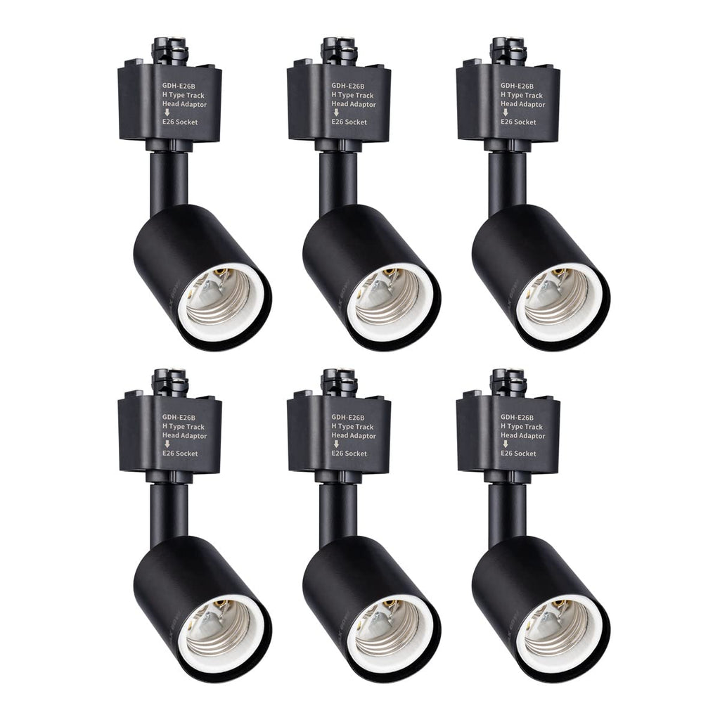 H Type Track Lighting Head to E26 Medium Screw Base Adapter Light Direction Adjustable Pack of 6 (Black)