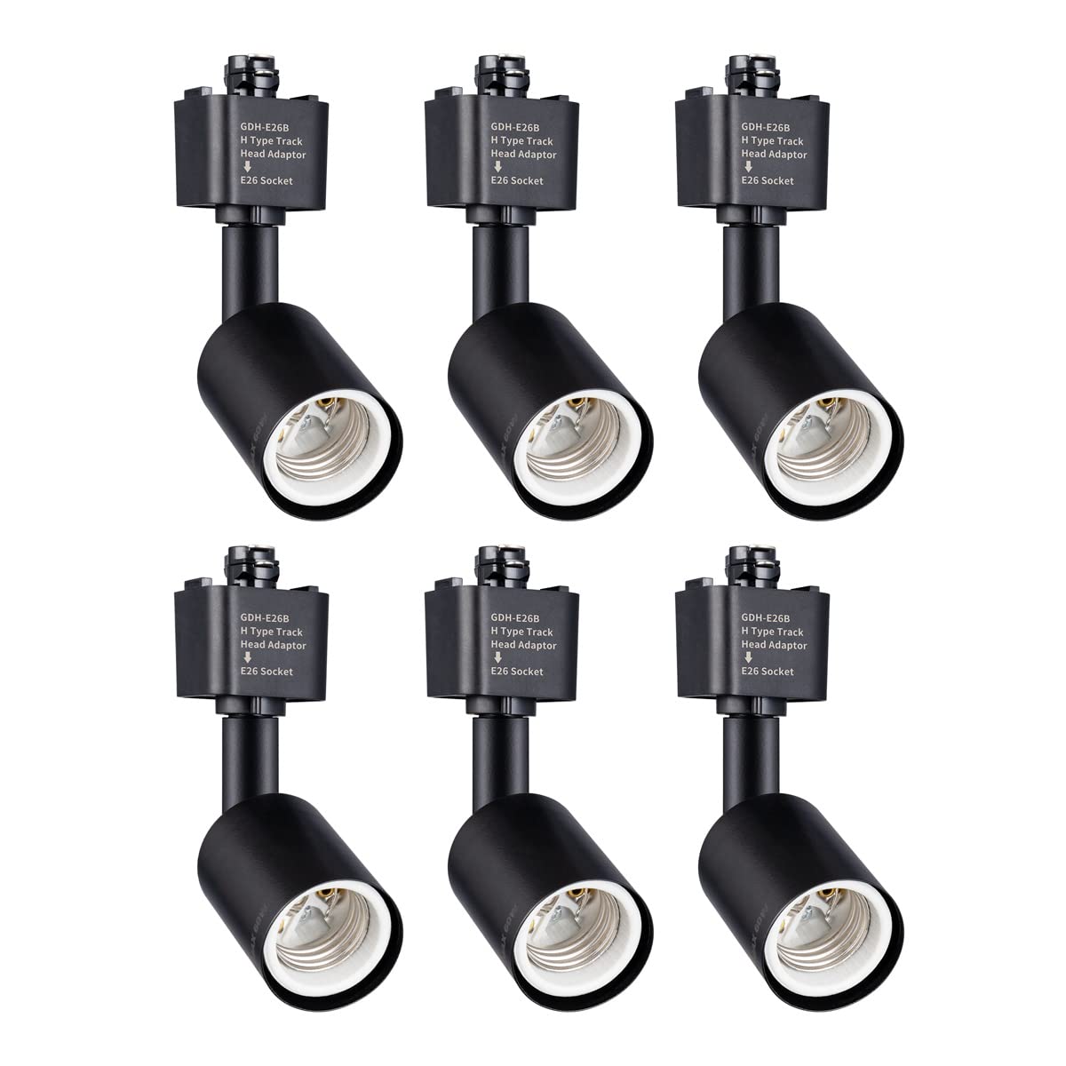 H Type Track Lighting Head to E26 Medium Screw Base Adapter Light Direction Adjustable Pack of 6 (Black)