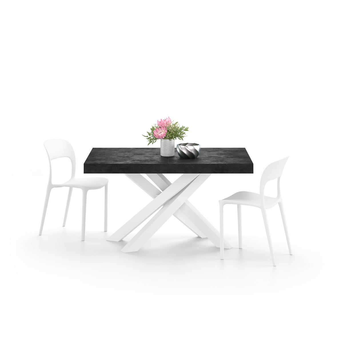 Emma 55.11(86.6) x35.4 in, Extendable Dining Table, Concrete Effect, Black with White Crossed Legs, Made in Italy