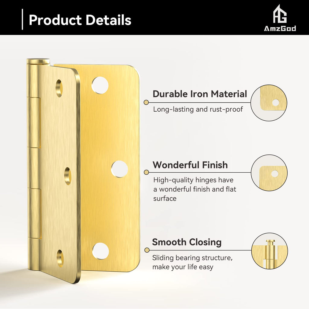 Door Hinges Satin Brass - 3 Pack Gold Door Hinges 3.5 Inch Rounded Interior Door Hinge with 1/4" Radius - 3 1/2