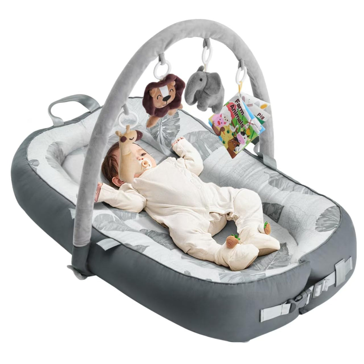Portable Baby Lounger with 4 Toys,Infant Lounger with Fitness Rack, Breathable & Soft Cotton Newborn Lounger