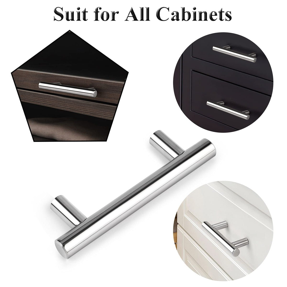 30 Pack 3 Inch Polished Chrome Cabinet Handles, 5 Inches Total Length Euro T Bar Handle Pulls, Stainless Steel