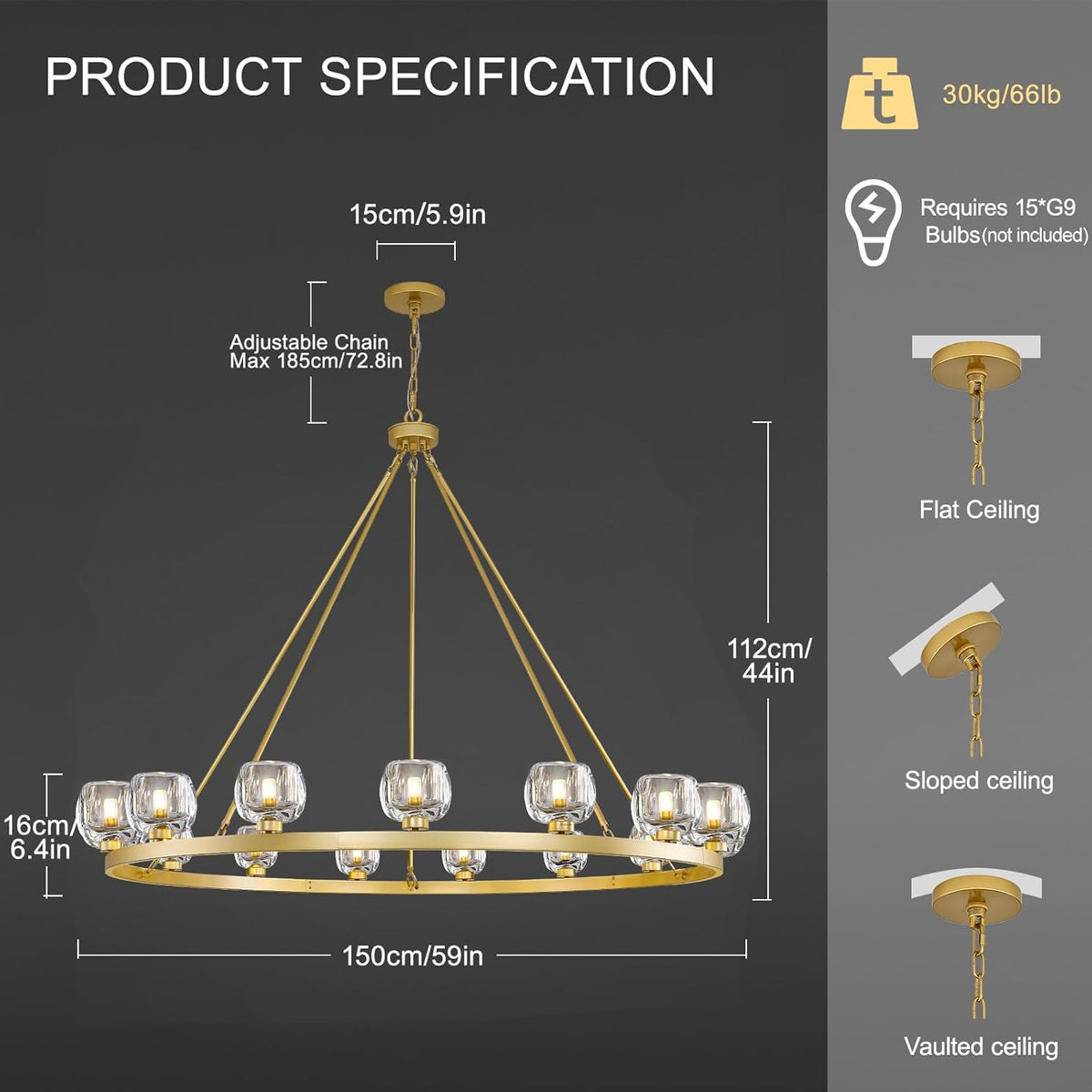 59" 15-Light Large Crystal Wagon Wheel Chandelier