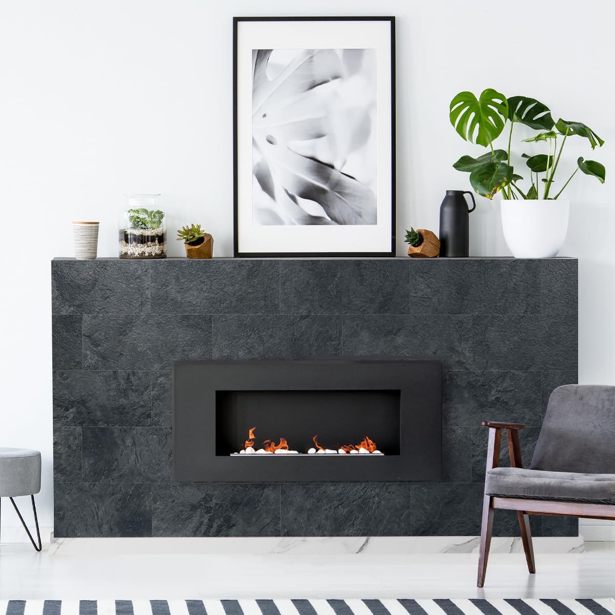 6" x 12" Black Slate Peel and Stick Backsplash Wall Tiles, PVC Faux Stone Stick on Tiles for Backsplash Kitchen