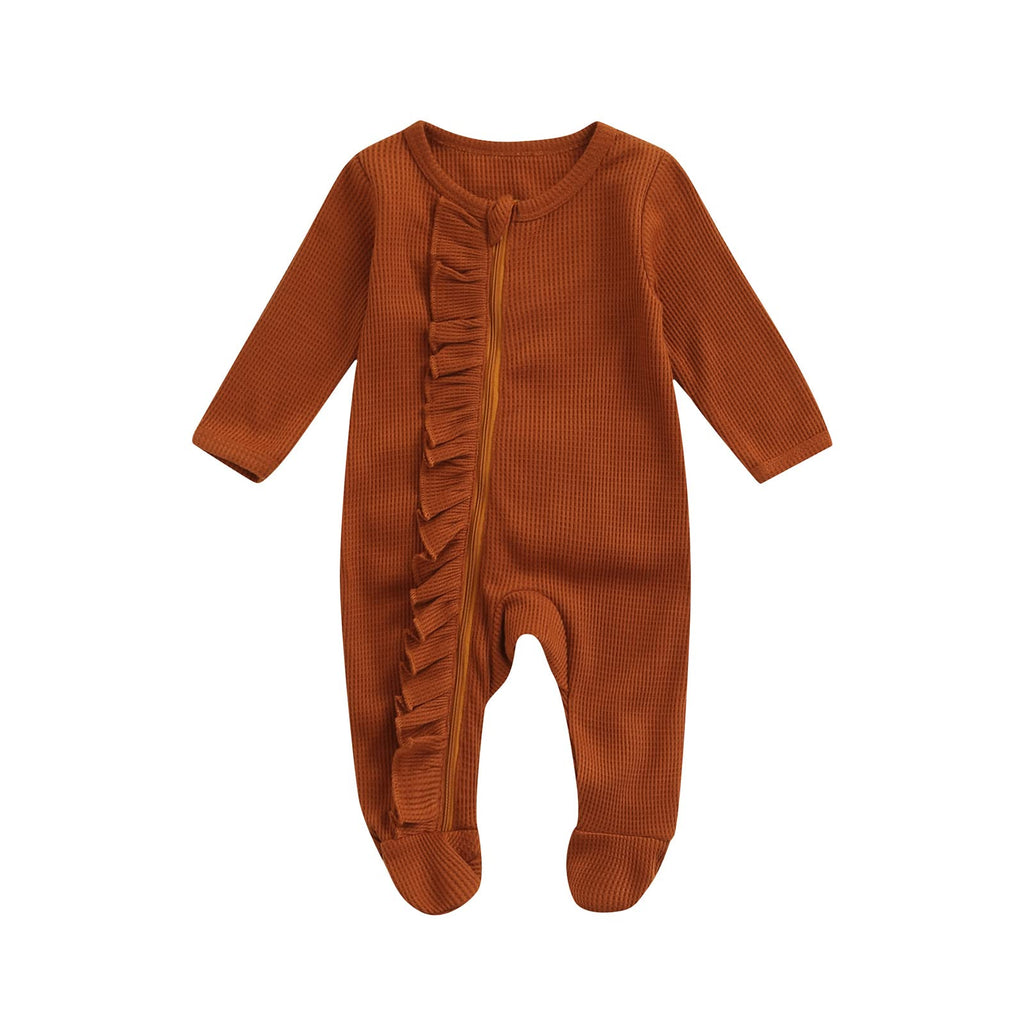 Newborn Baby Girl Footie Waffle Knit Romper Zippers Ruffle Jumpsuit Fall Winter Clothes (Jacinth Waffle, )