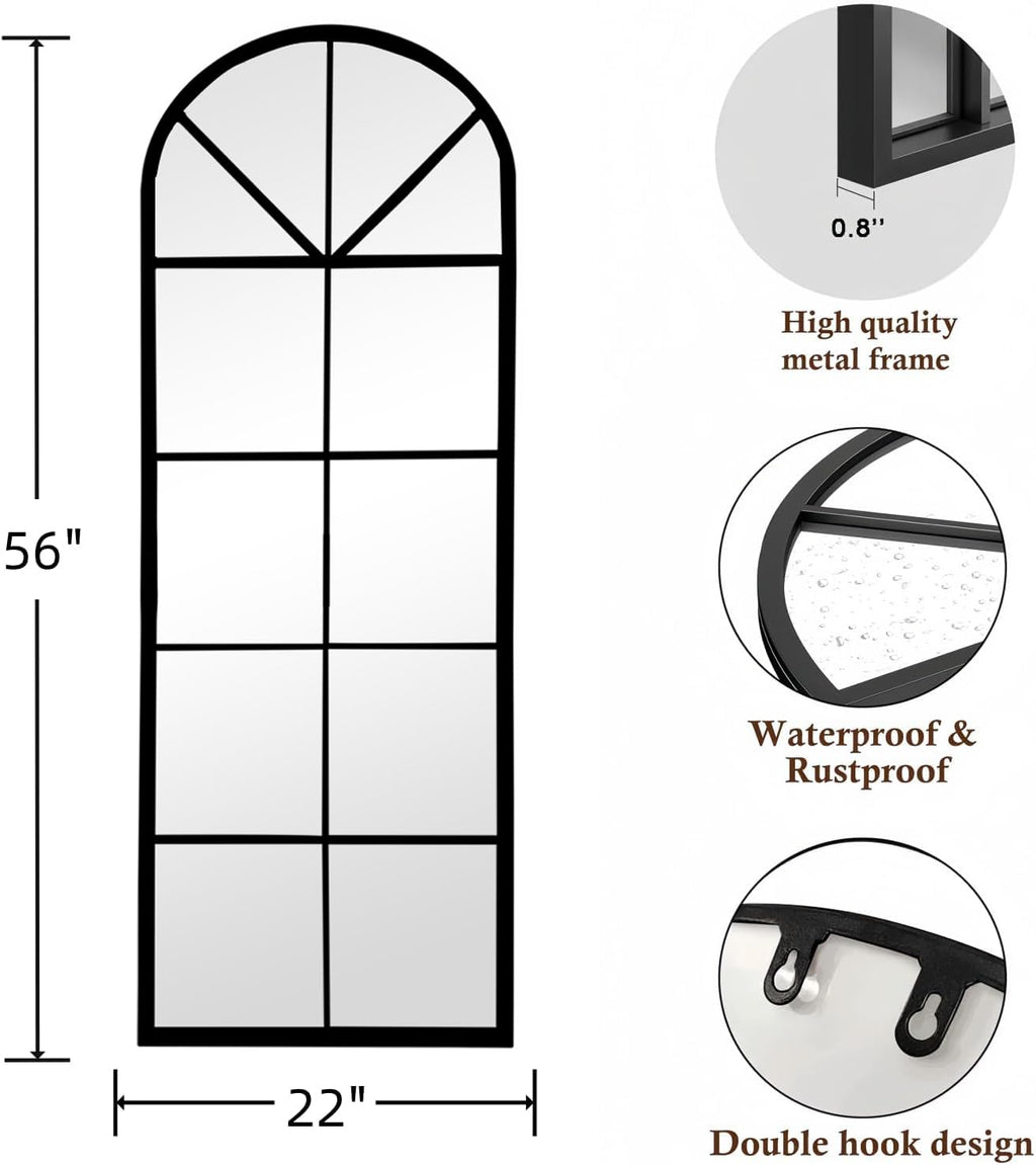 Floor Full Length Mirror, Arch Top Window Pane Mirror, 56"x22" Black