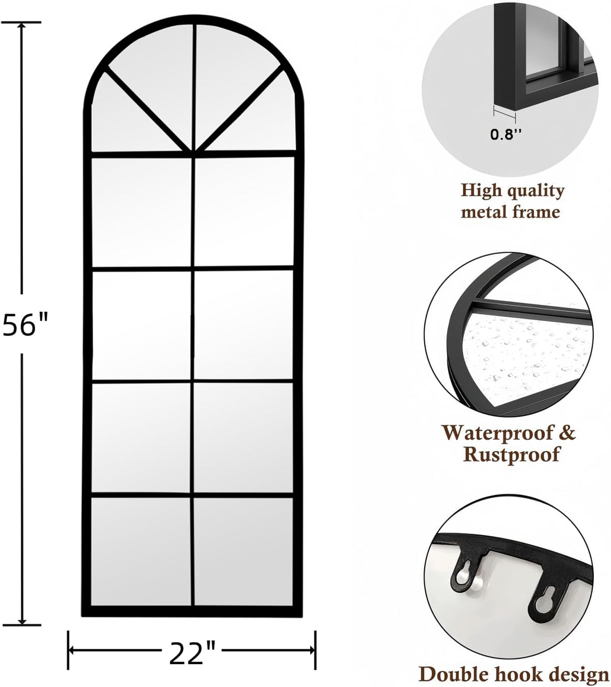 Floor Full Length Mirror, Arch Top Window Pane Mirror, 56"x22" Black