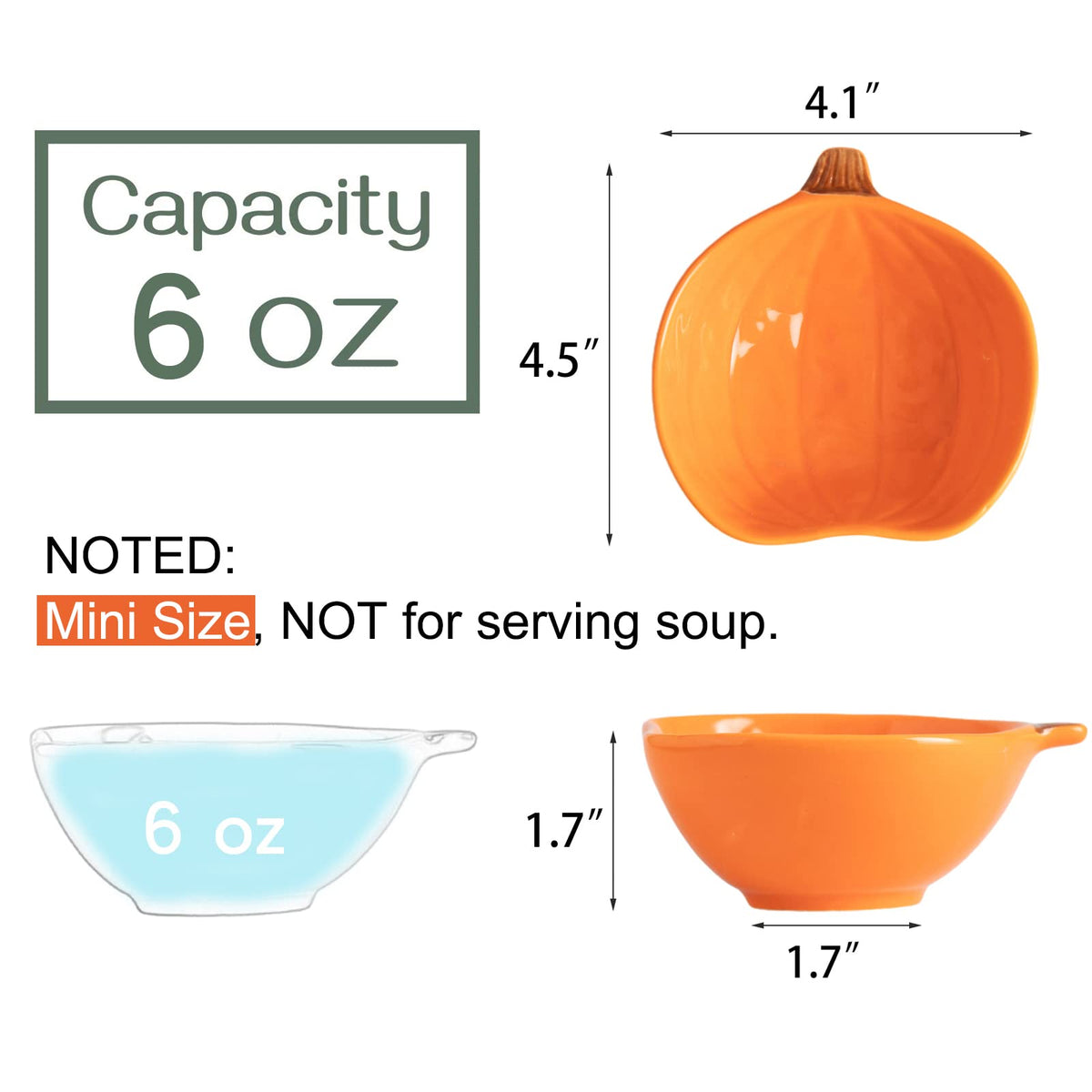 Orange Pumpkin Bowls, 6 oz Ceramic Ramekins, Set of 6