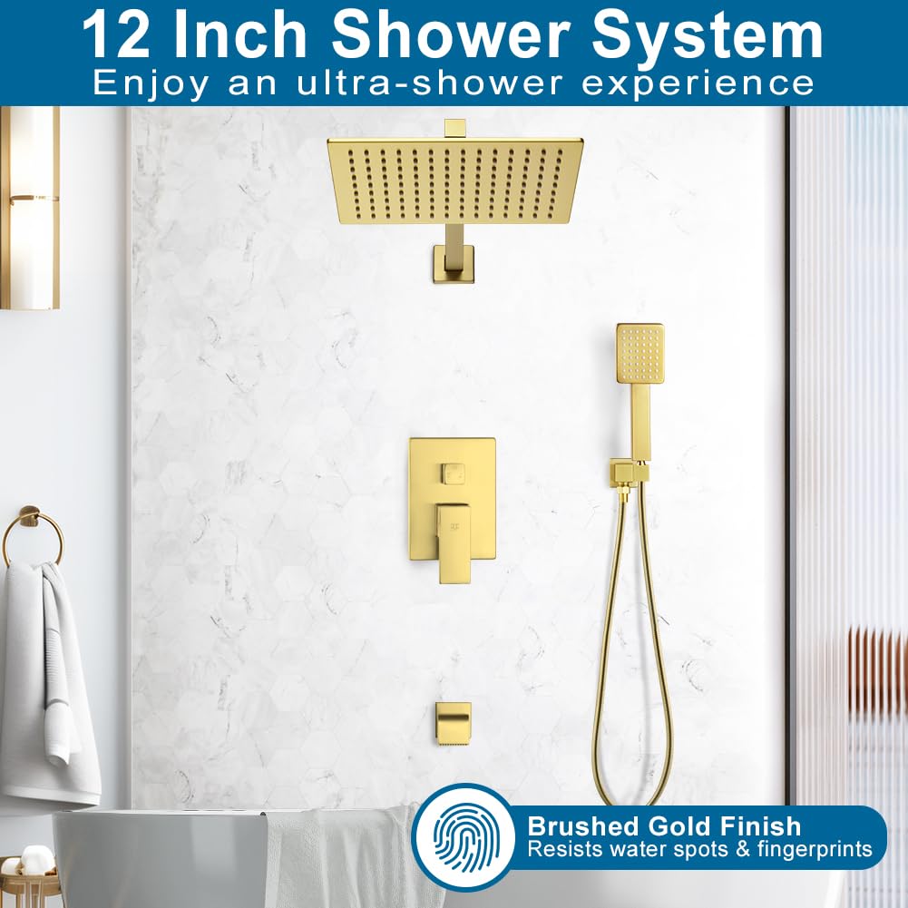 Shower Tub Faucet Set Brushed Gold Bathroom Shower System with Tub Spout Wall Mounted Rainfall 12 Inch Thickened