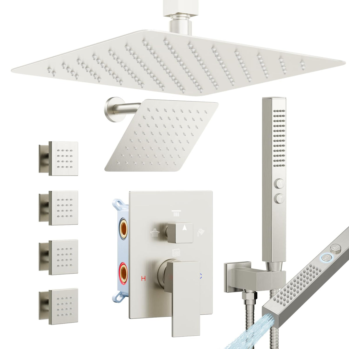Rainfall Shower System with 4 Body Spray Jets, 4 Way 12 + 6"Rainfall Shower Head with Handheld Combo, Shower Jets