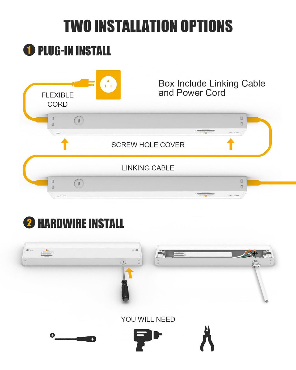 Under Cabinet Lighting Hardwired & Plug-in, 36 inch 3CCT Dimmable Linkable