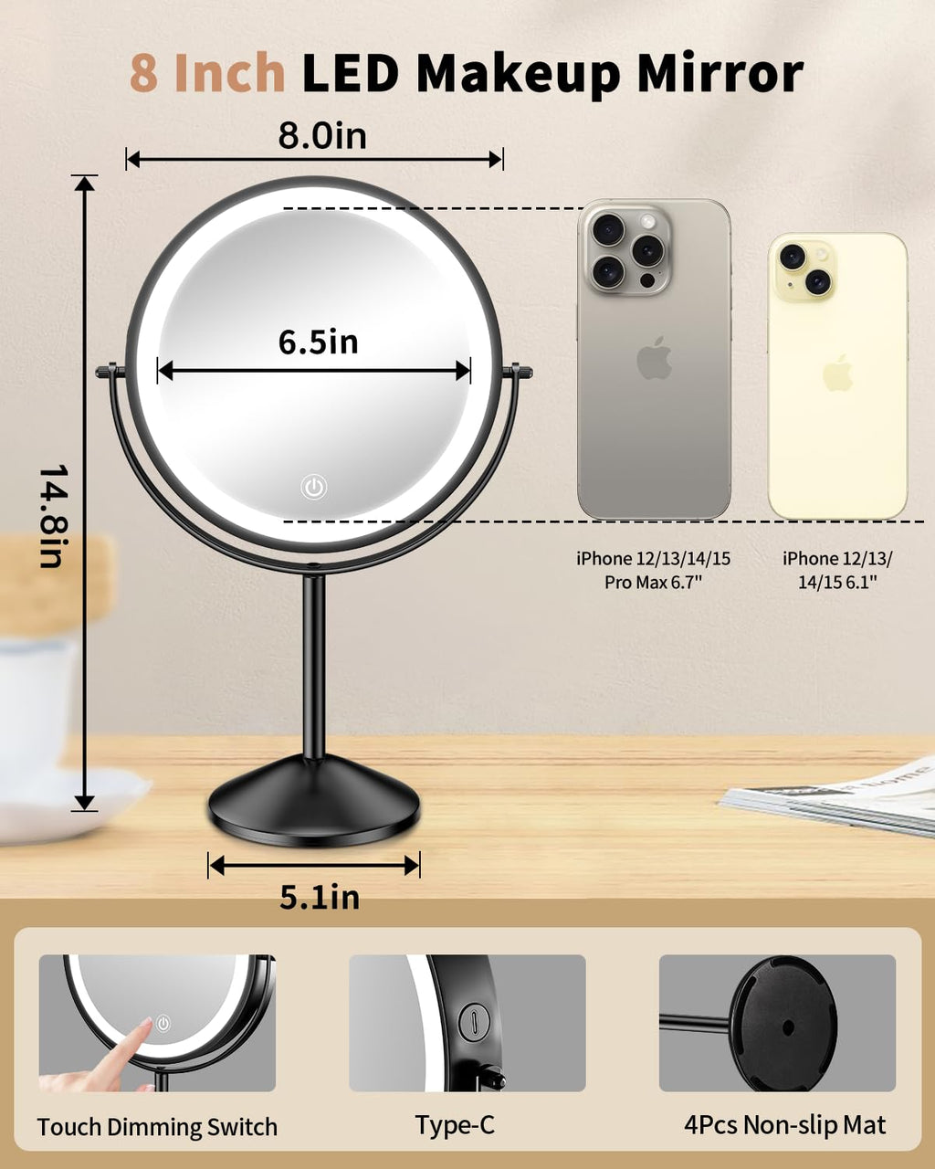 8" Lighted Makeup Mirror with Magnification 10X/1X, 3 Color Lights