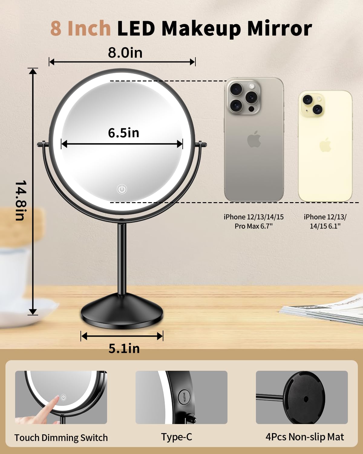 8" Lighted Makeup Mirror with Magnification 10X/1X, 3 Color Lights