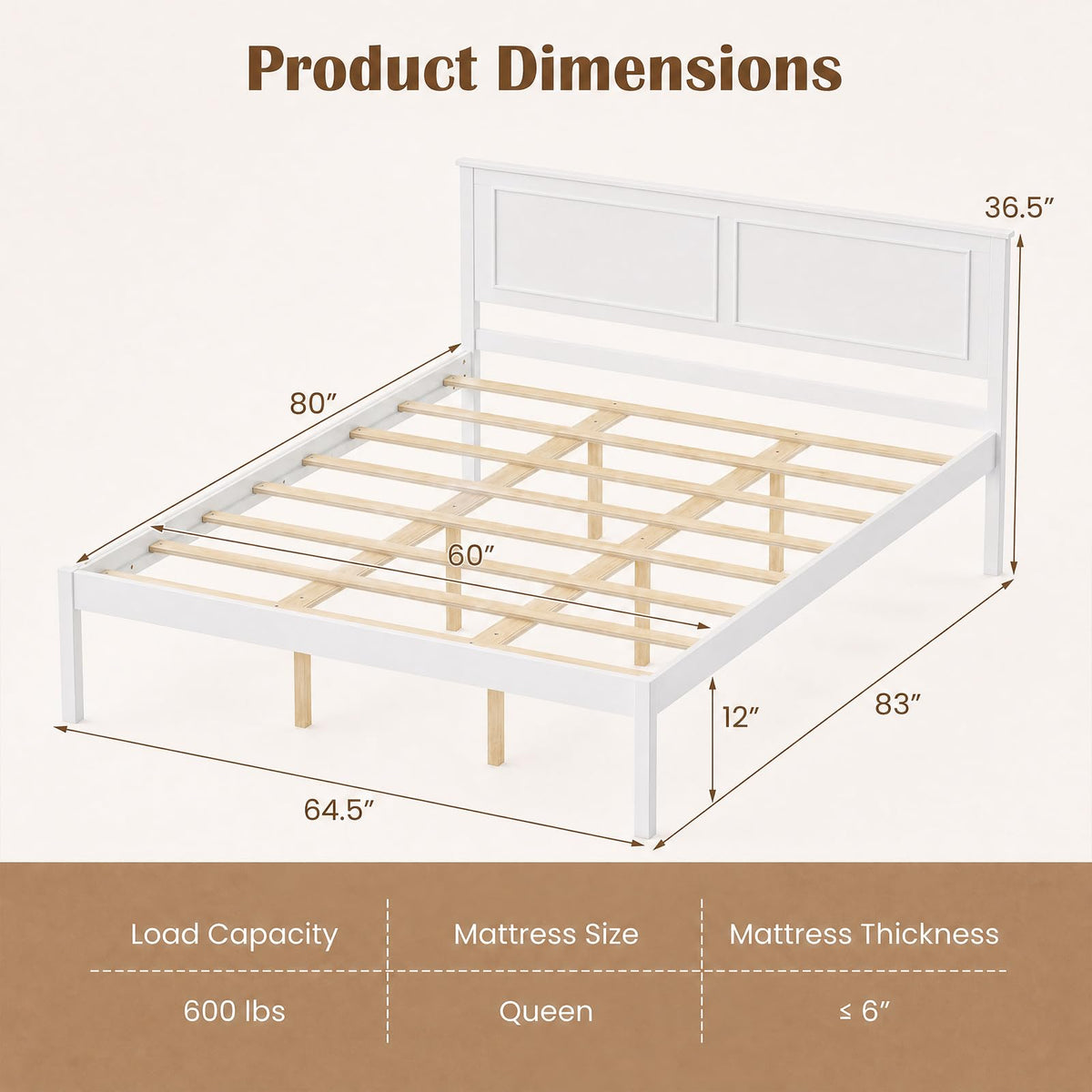 Bed Frame, Farmhouse Wooden Platform Bed with Headboard