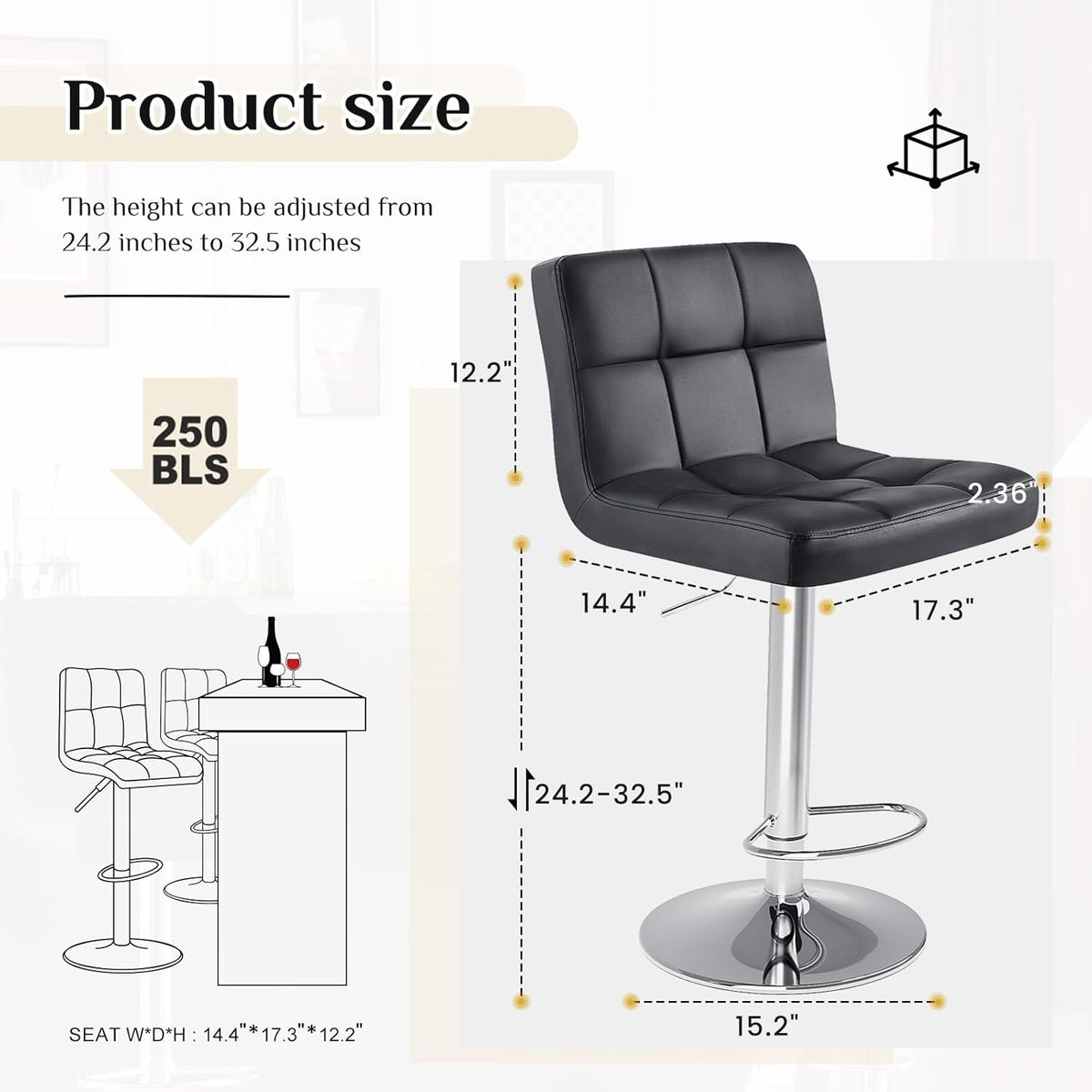 Bar Stools Set of 4, 24 inch Counter Height Bar Stools, Upholstered Modern Kitchen Barstools with Metal Base, PU