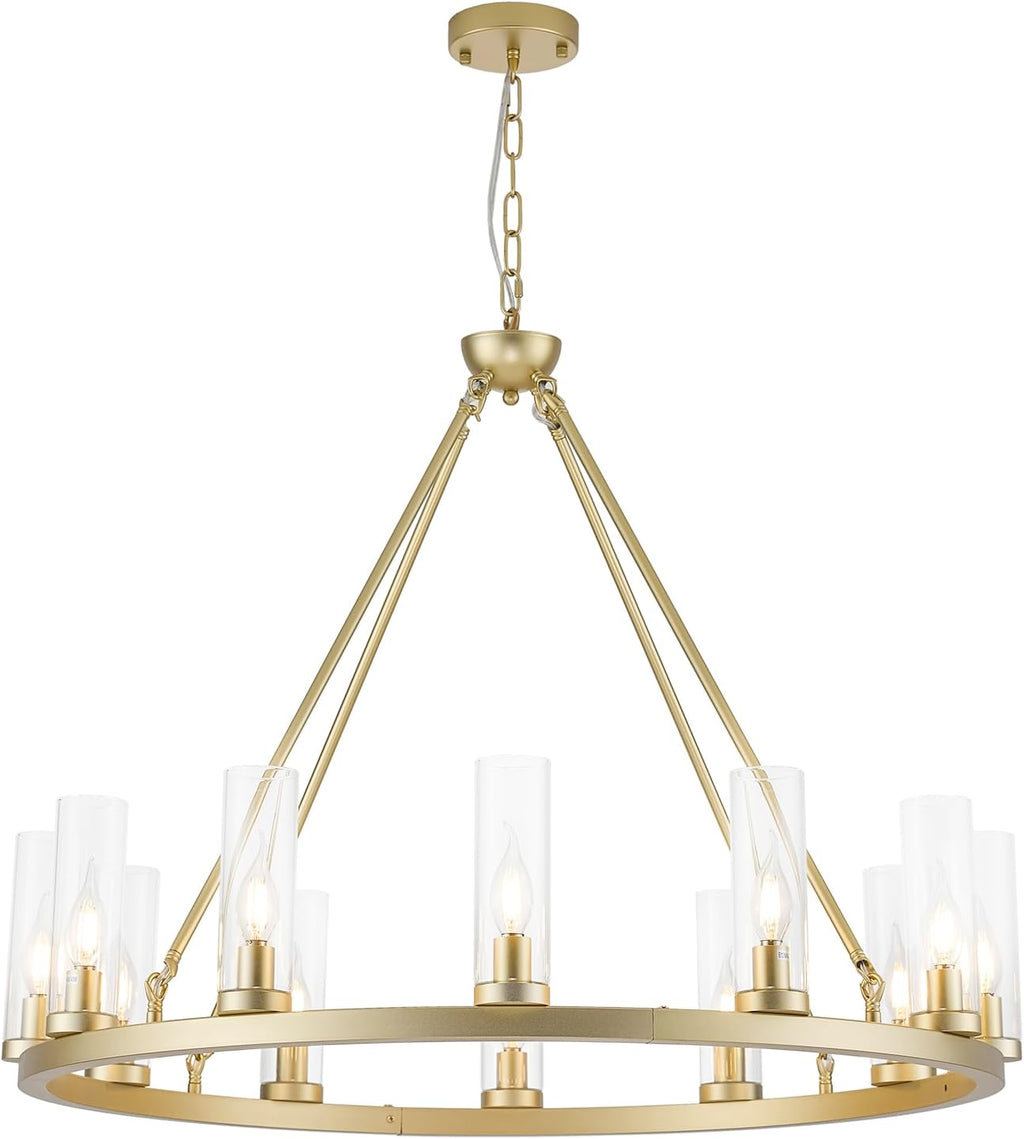 Inspired Ravelle Style Farmhouse Chandeliers for Dining Room,Metal Wagon Wheel Chandelier with Clear Glass Vintage Round Pendant Lights Kitchen Island Lighting Fixture(Gold,34in -12 Light)
