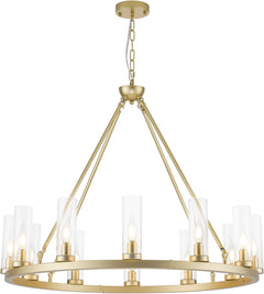 Inspired Ravelle Style Farmhouse Chandeliers for Dining Room,Metal Wagon Wheel Chandelier with Clear Glass Vintage Round Pendant Lights Kitchen Island Lighting Fixture(Gold,34in -12 Light)