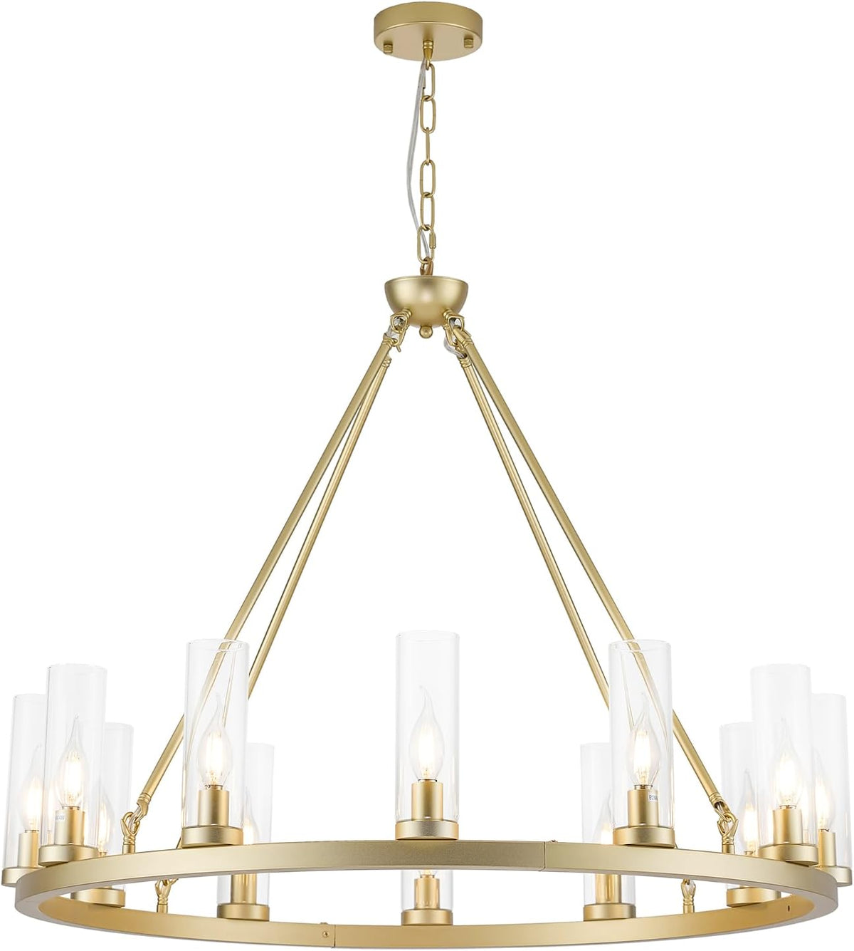 Inspired Ravelle Style Farmhouse Chandeliers for Dining Room,Metal Wagon Wheel Chandelier with Clear Glass Vintage Round Pendant Lights Kitchen Island Lighting Fixture(Gold,34in -12 Light)