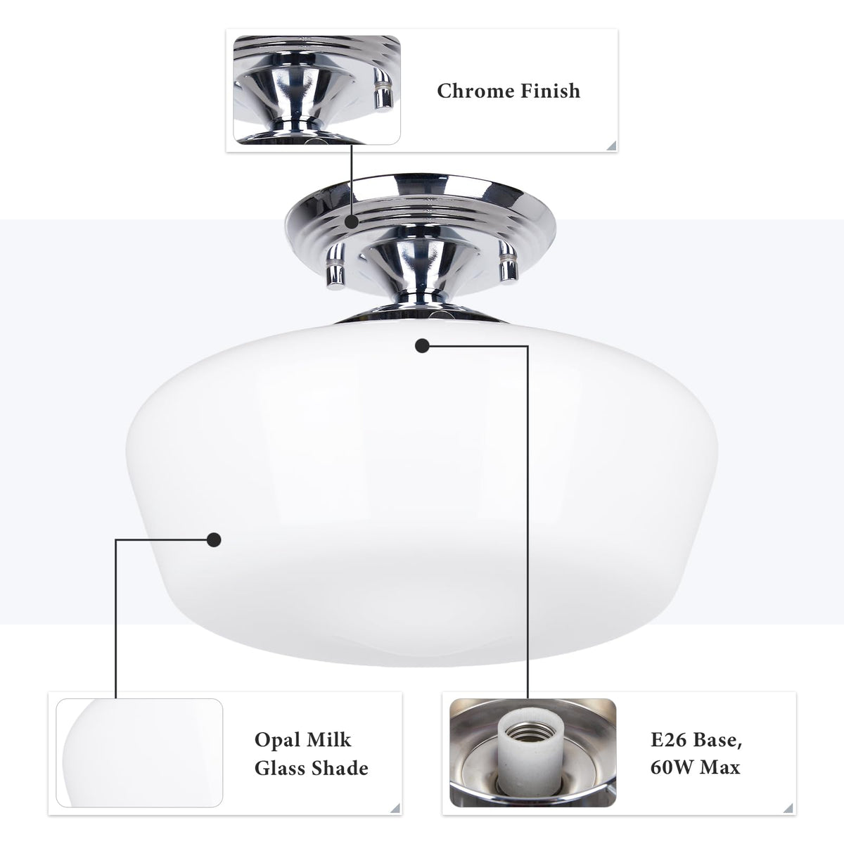 Schoolhouse Style Semi Flush Mount Ceiling Light Fixture, 12" Modern Chrome Hallway Ceiling Lamp with Opal Milk Glass