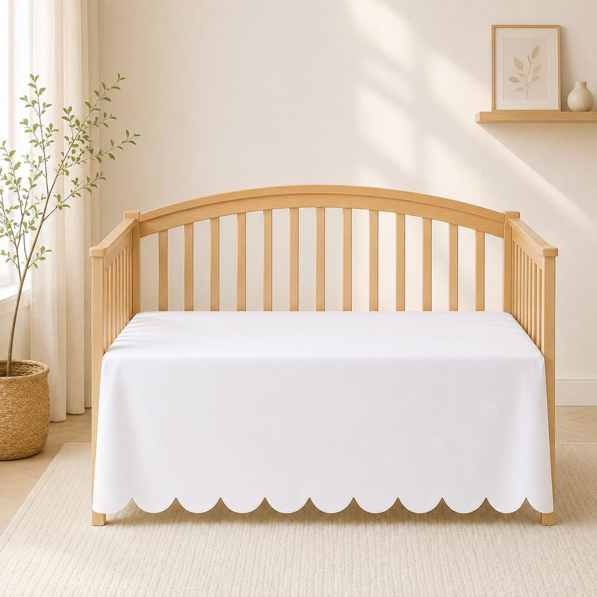 Scalloped Crib Skirt White Cotton for Baby Bed Decor 28"x52" with 14" Drop