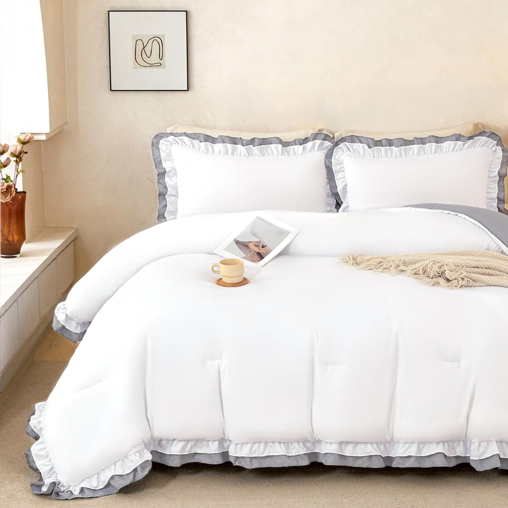 Ruffled Comforter Set White - Double Ruffle White Comforter 5 Piece Vintage Shabby Chic Bedding - Fluffy