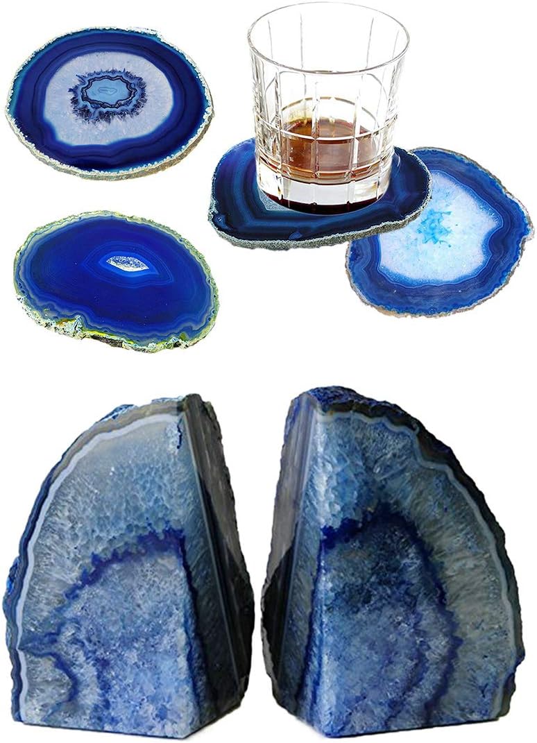 4PCS Blue Agate Slice Coasters Small & 1 Pair Blue Agate Bookends 4-6 lbs