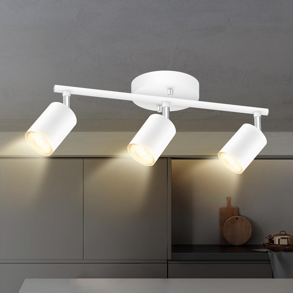 White Track Lighting, 3 Light Track Lighting Kit, White 3 Way Modern Ceiling Spotlight, Flexibly Rotatable Light