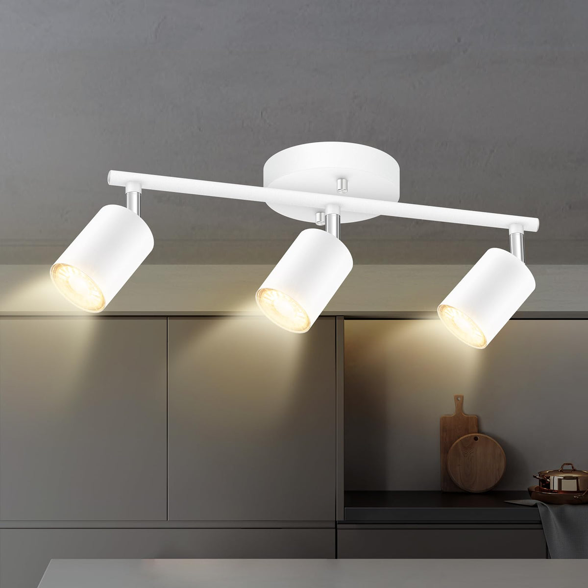 White Track Lighting, 3 Light Track Lighting Kit, White 3 Way Modern Ceiling Spotlight, Flexibly Rotatable Light
