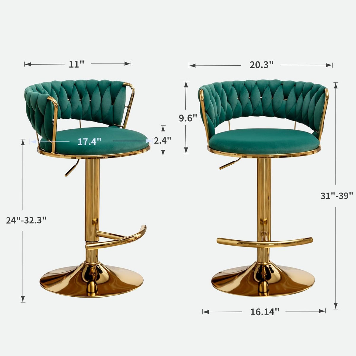Gold Bar Stools Set of 4, Counter Height Bar Stools with Low Back, Velvet Adjustable Height Barstools, 360° Swivel