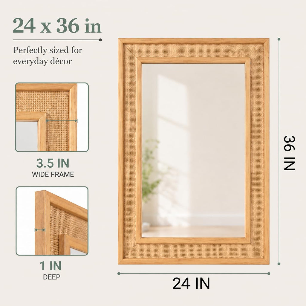 Rattan Mirror 20x30 Inch, Rectangle Wood Bathroom Mirror