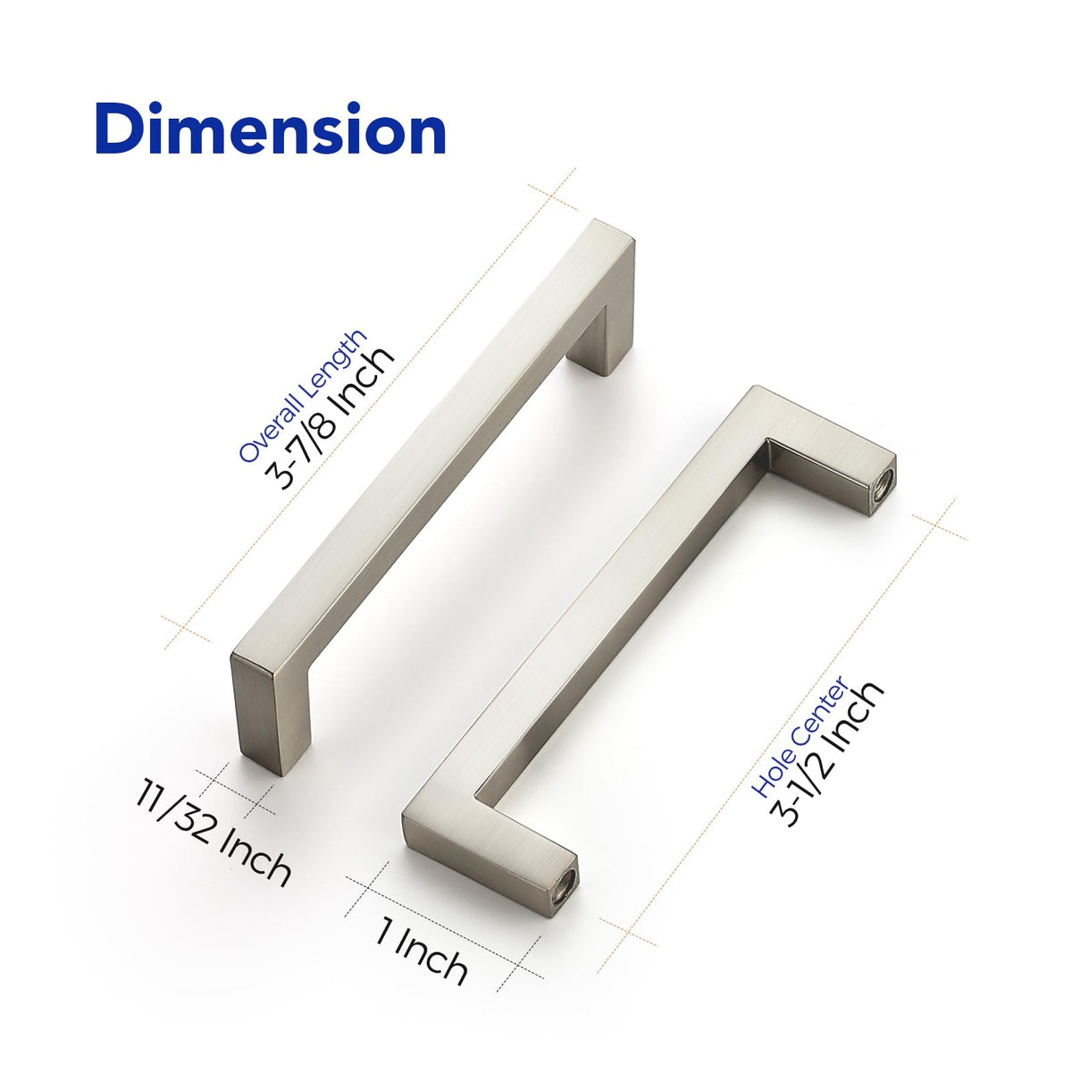 Brushed Nickel Square Solid Cabinet Handles, 3-1/2 Inch, 15 Pack