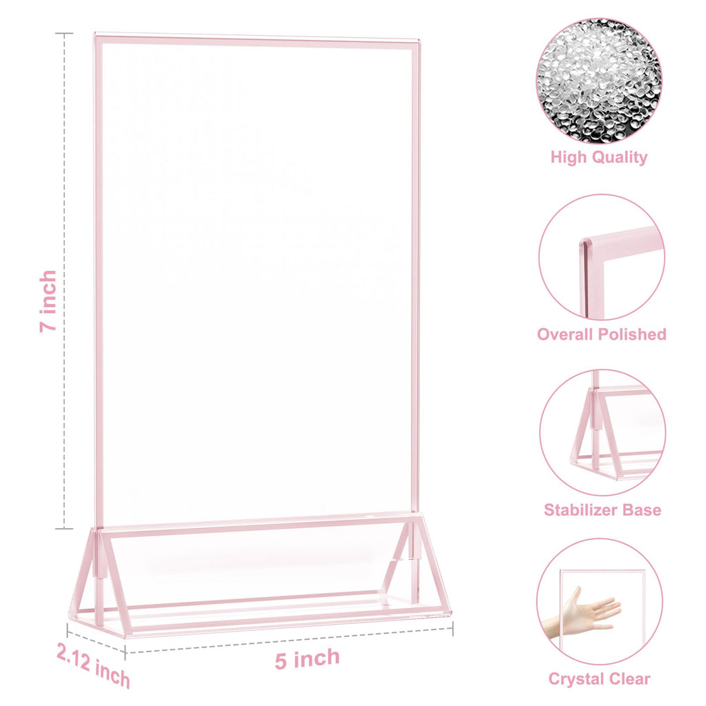 12 Pack Acrylic Sign Holder 5 x 7, Double-Sided Stand up Table Top Sign Holders, Pink Acrylic Picture Frame Menu