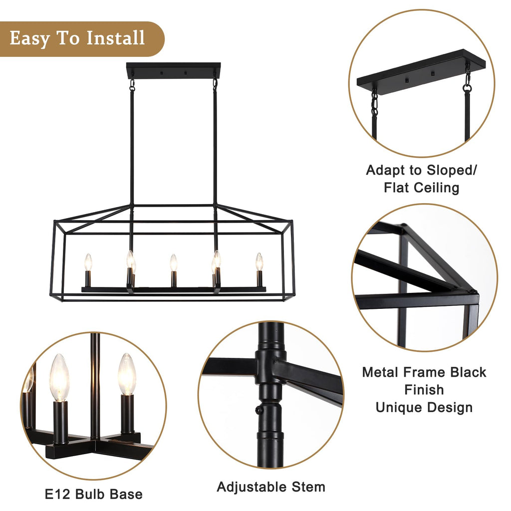 38" 7-Light Black Large Modern Farmhouse Rectangular Chandelier